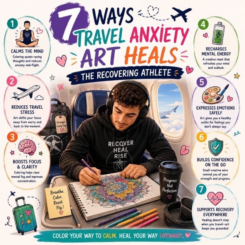 travel anxiety art concept showing calming coloring activity on a plane to ease stress and improve mental clarity