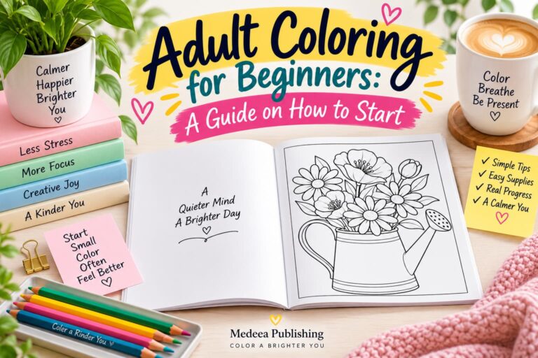 Open adult coloring page beside three colored pencils on a warm cream surface.