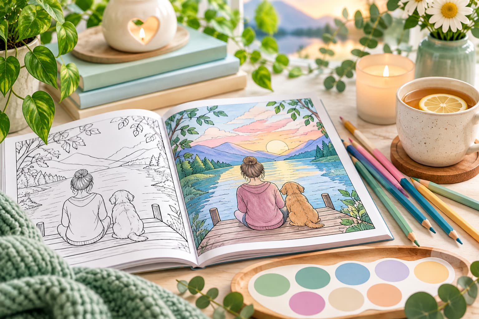 7 Powerful Ways to Choose a Color Palette Mood That Reflects Your Inner World: A Guide for Healthcare Heroes 1 Calming colors in soft sage, blue, pink, lavender, and warm yellow used in an adult coloring page beside a coordinated colored pencil palette.