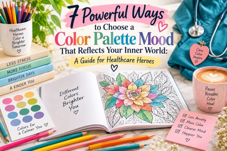 7 Powerful Ways to Choose a Color Palette Mood That Reflects Your Inner World: A Guide for Healthcare Heroes 3 Color Palette Mood concept with an open coloring book, colored pencils, calming color swatches, and healthcare elements representing emotional balance through coloring.