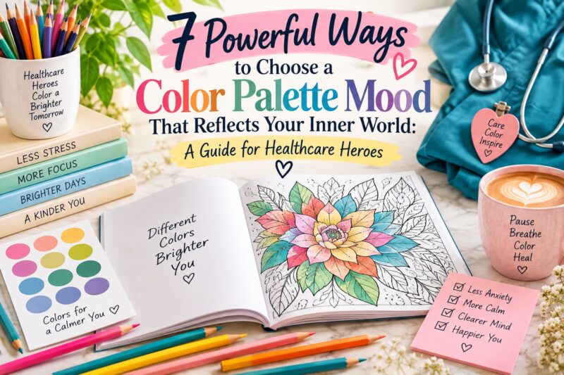 Color Palette Mood concept with an open coloring book, colored pencils, calming color swatches, and healthcare elements representing emotional balance through coloring.