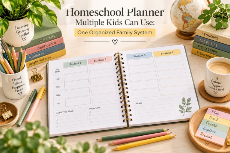 Homeschool Planner Multiple Kids setup with one open family planner organized into four student sections, weekly planning areas, pencils, books, and homeschool supplies.