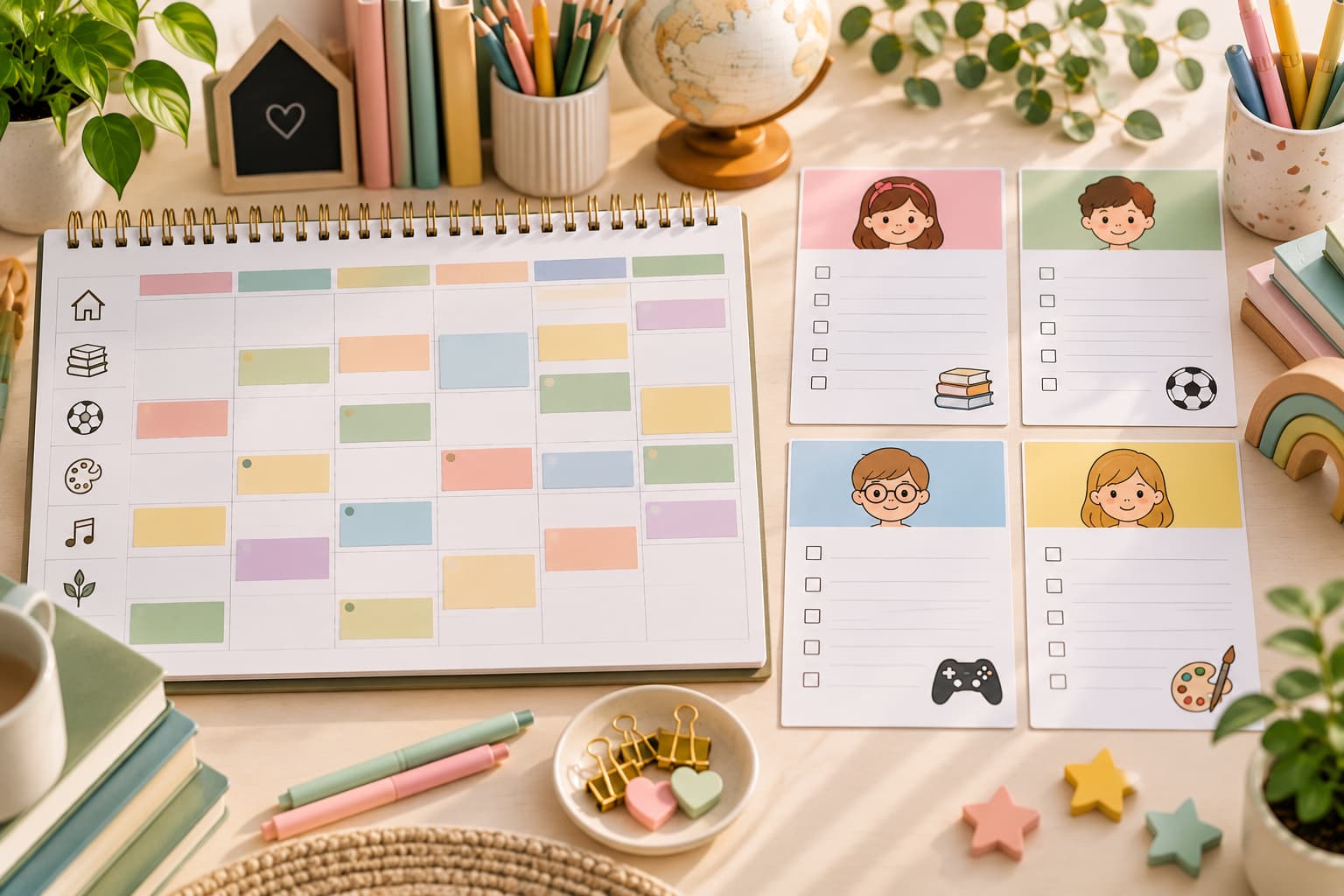 Homeschool Planner Multiple Kids Can Use: One Organized Family System 1 Homeschool Planner Multiple Kids concept with one shared family schedule and four individual student planning cards for organizing lessons, activities, and weekly tasks.