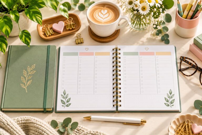 Why do I abandon planners during busy weeks? Open weekly planner with a simple layout, short task list, pen, and calm workspace designed to reduce planning overwhelm.