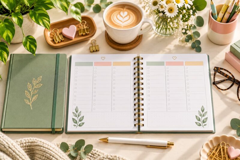 Why do I abandon planners during busy weeks? Open weekly planner with a simple layout, short task list, pen, and calm workspace designed to reduce planning overwhelm.